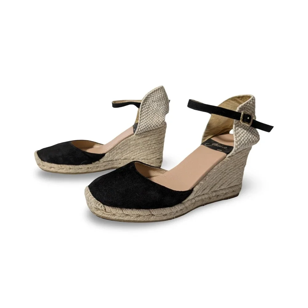 Gaimo Black Global Espadrille Wedge Suede Sandal Ankle Strap Boho Sz 40 US 9/9.5